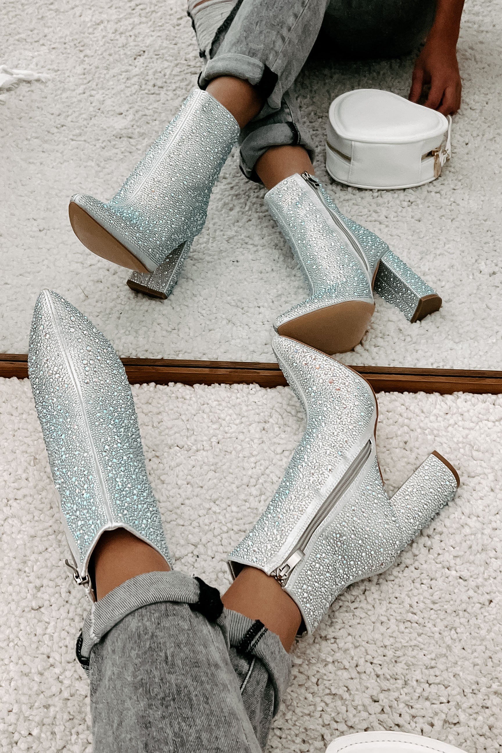 Silver 2024 rhinestone booties