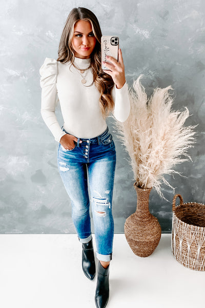 Decadent Tastes Faux Suede Puff Shoulder Bodysuit (Oatmeal) - NanaMacs