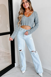 Pulled Back In Cropped V-Neck Sweater (Heather Gray) - NanaMacs