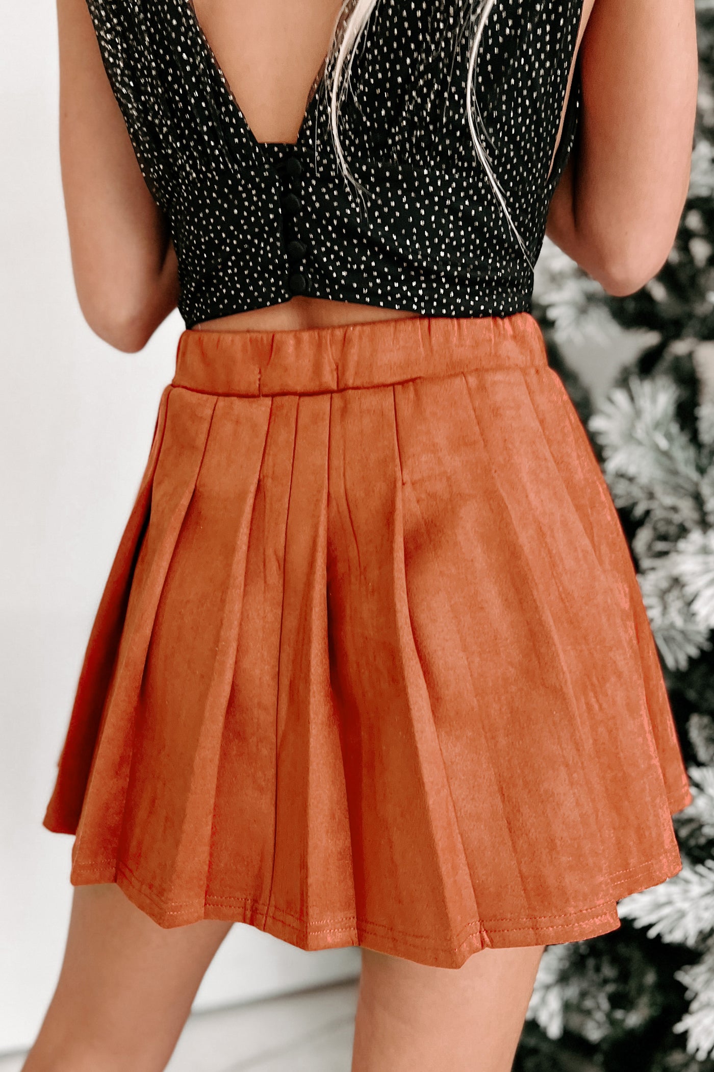 Swept Away Faux Suede Pleated Mini Skirt (Rust) - NanaMacs