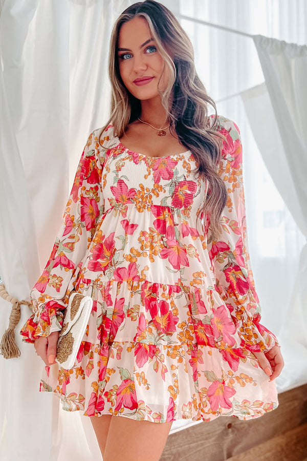 Just Right Long Sleeve Smocked Floral Mini Dress (Ivory) - NanaMacs