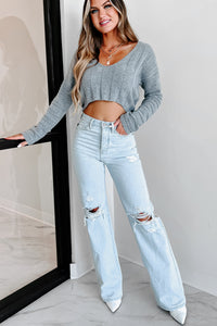 Pulled Back In Cropped V-Neck Sweater (Heather Gray) - NanaMacs