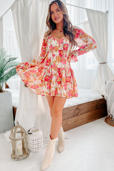 Just Right Long Sleeve Smocked Floral Mini Dress (Ivory) - NanaMacs