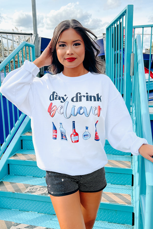 "Day Drink Believer" Corded Graphic Crewneck (White) - Print On Demand - NanaMacs