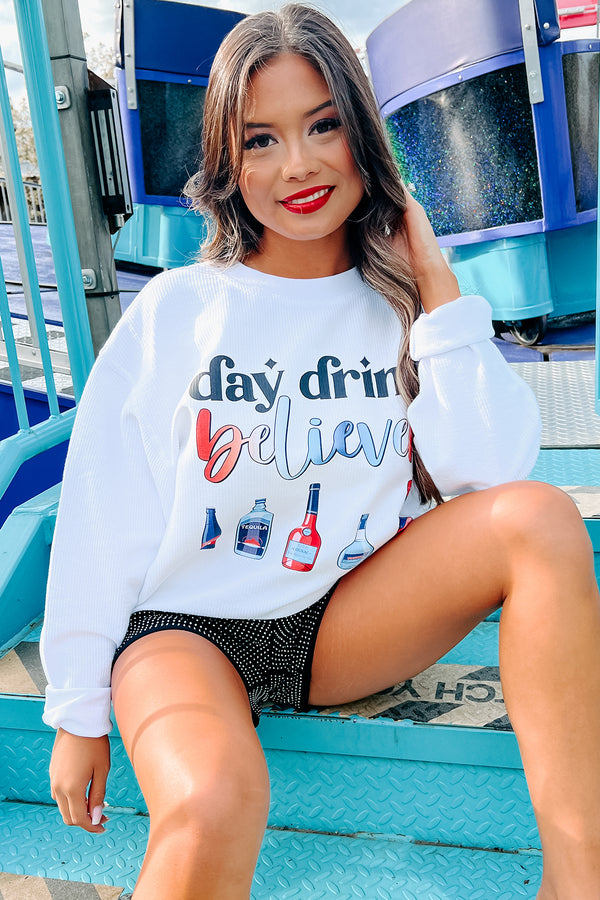 "Day Drink Believer" Corded Graphic Crewneck (White) - Print On Demand - NanaMacs