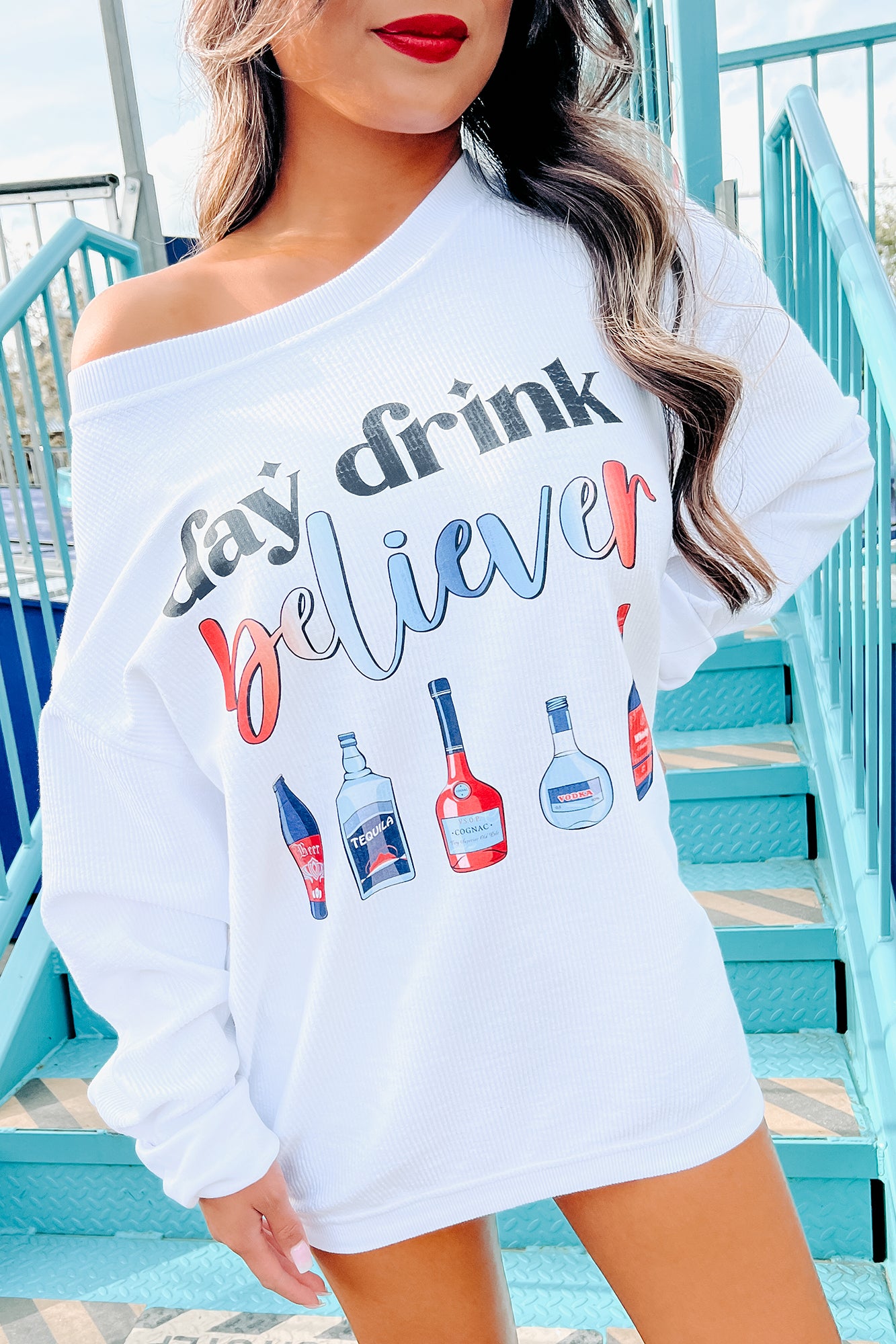 "Day Drink Believer" Corded Graphic Crewneck (White) - Print On Demand - NanaMacs