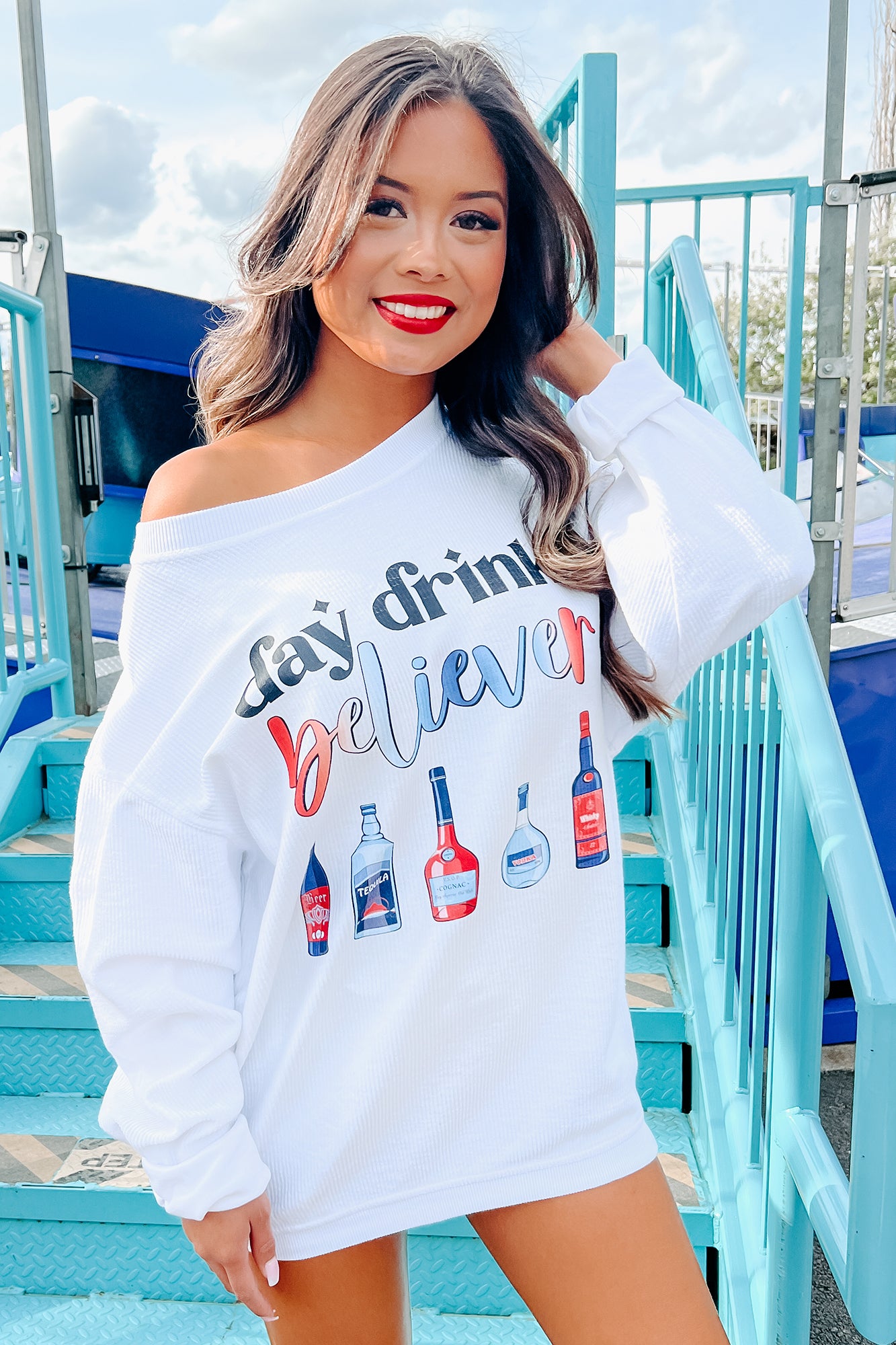 "Day Drink Believer" Corded Graphic Crewneck (White) - Print On Demand - NanaMacs