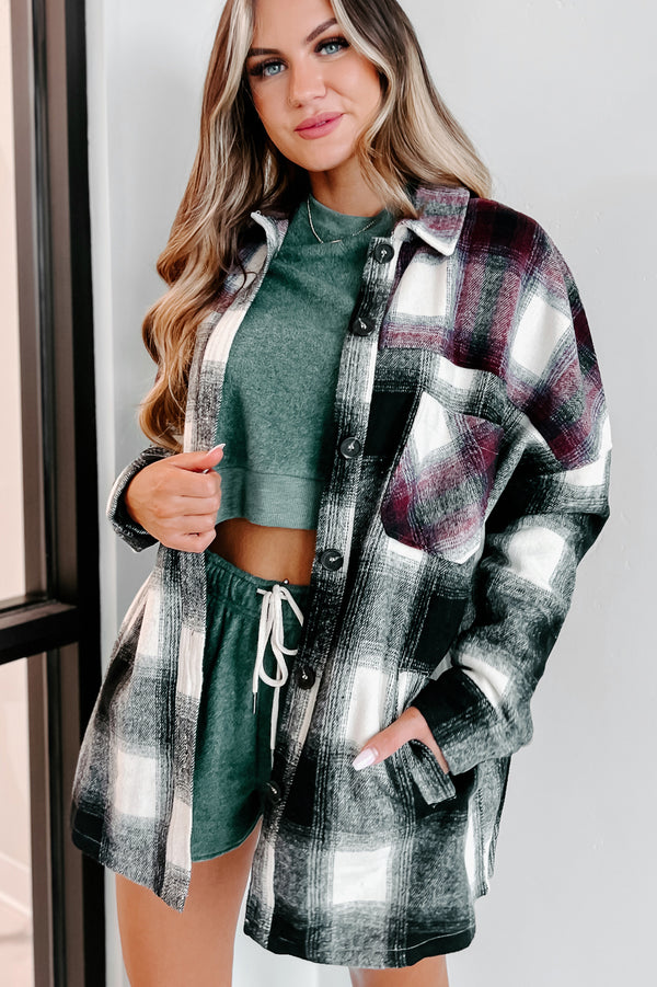 Heading North Oversized Colorblock Plaid Shacket (Black/Burgundy) - NanaMacs