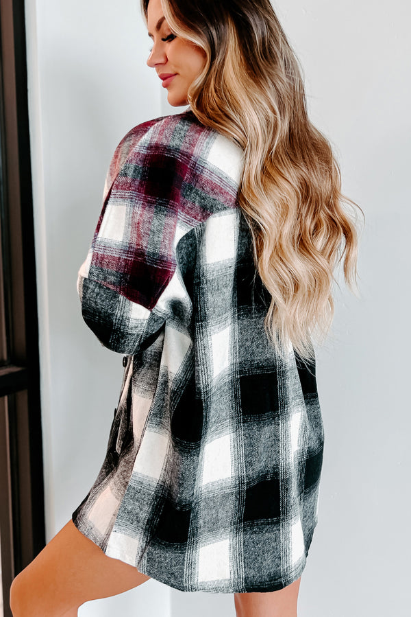 Heading North Oversized Colorblock Plaid Shacket (Black/Burgundy) - NanaMacs