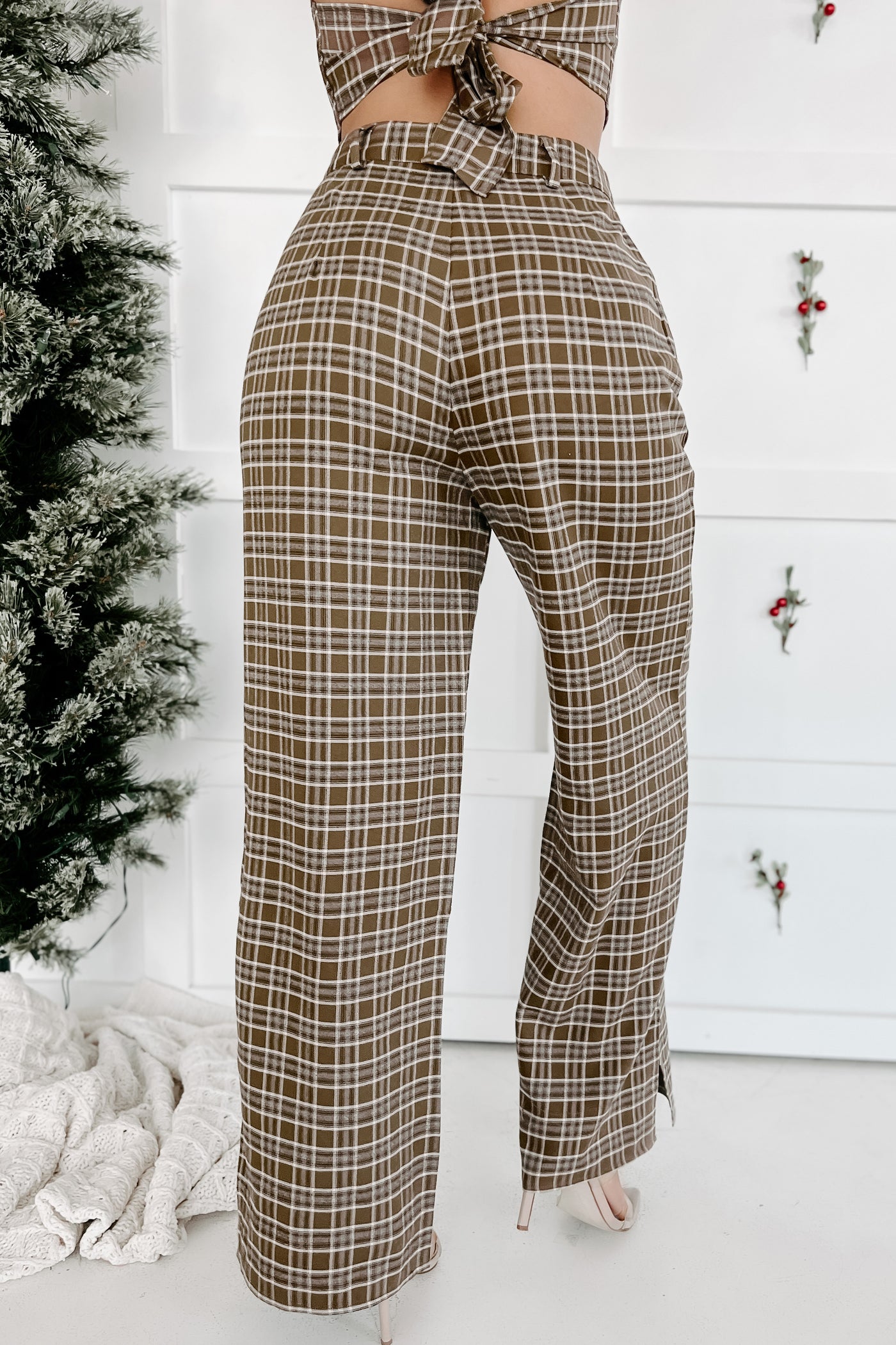 Just Going For It Plaid Two Piece Pant Set (Brown) - NanaMacs
