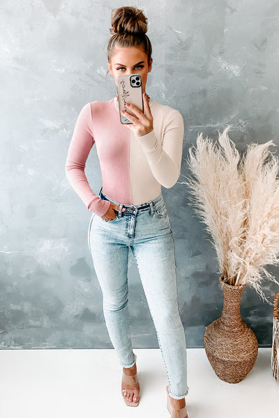 Getting Creative Ribbed Color Block Bodysuit (Tan/Dusty Pink) - NanaMacs