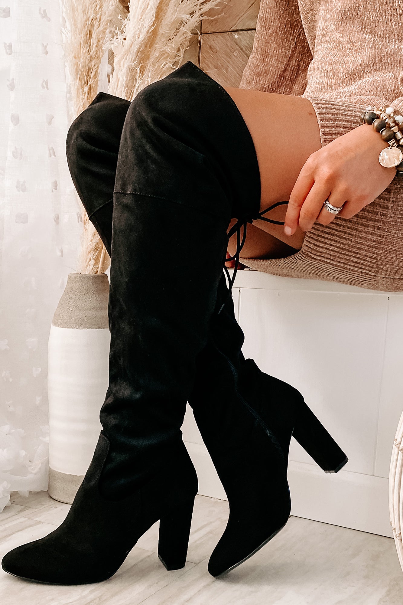 Tie back over outlet the knee boots black