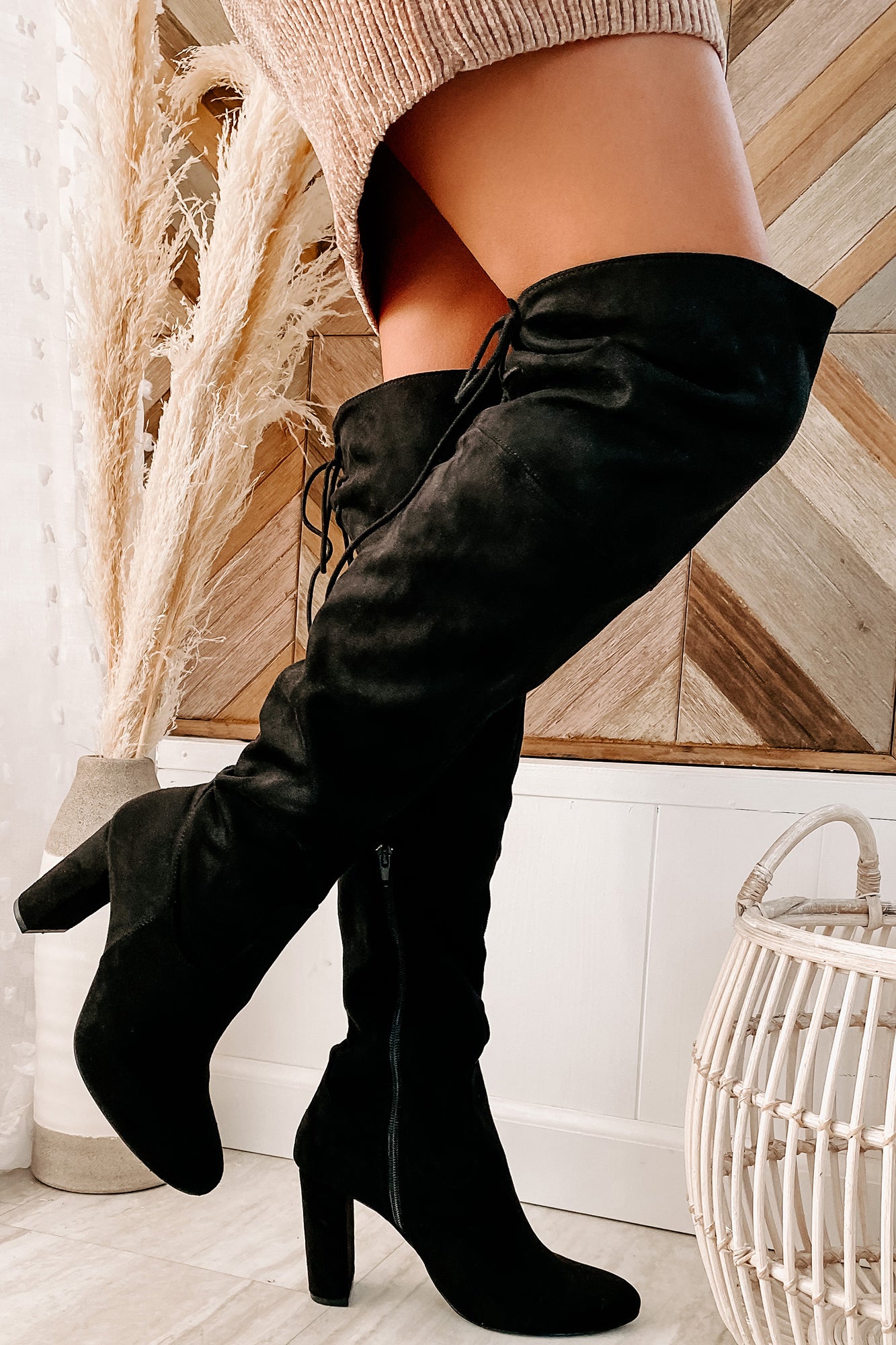 Own Your Ambition Lace Back Over The Knee Boot (Black) - NanaMacs
