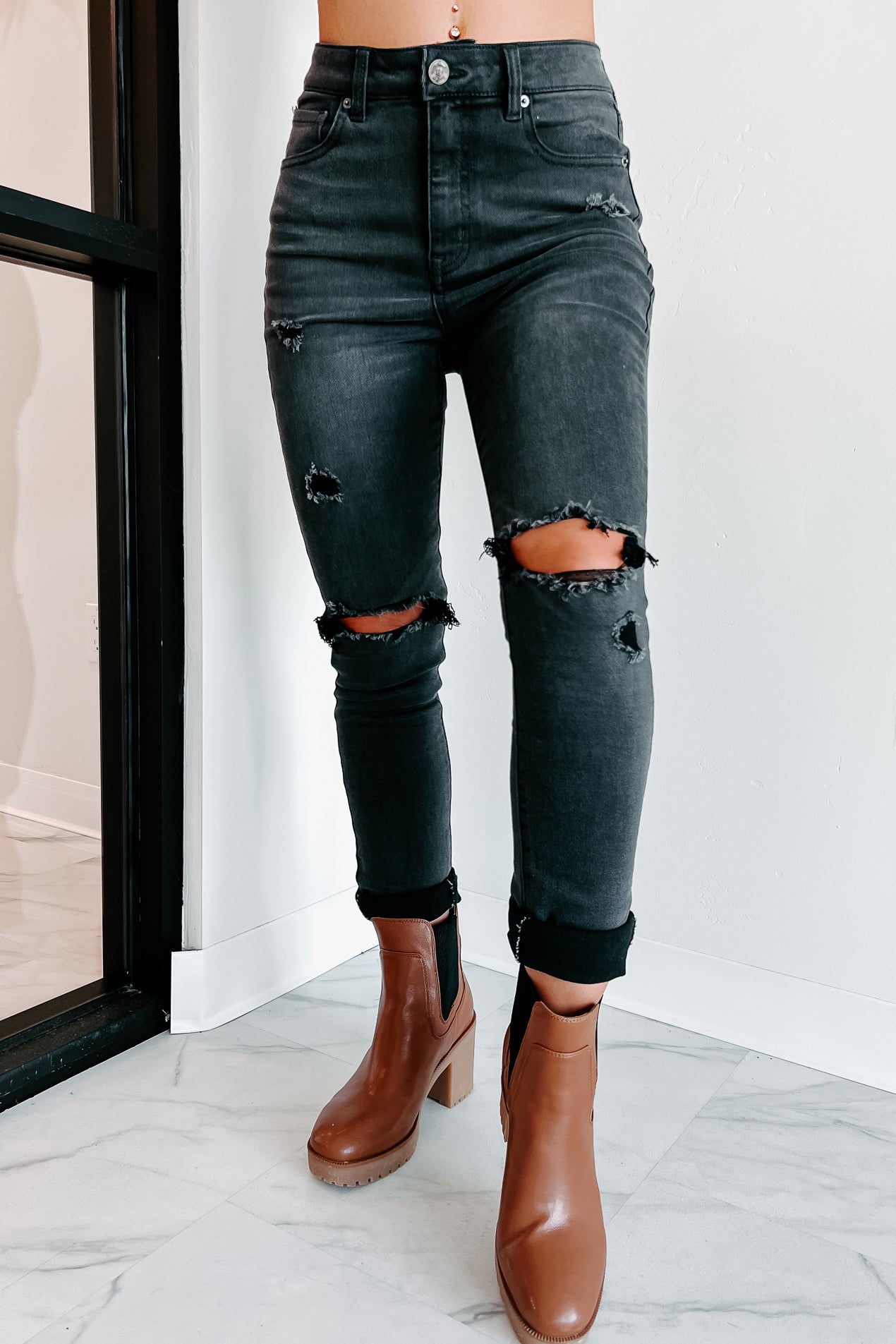 A Little Unstable High Rise Distressed Skinny Jeans (Grey) - NanaMacs