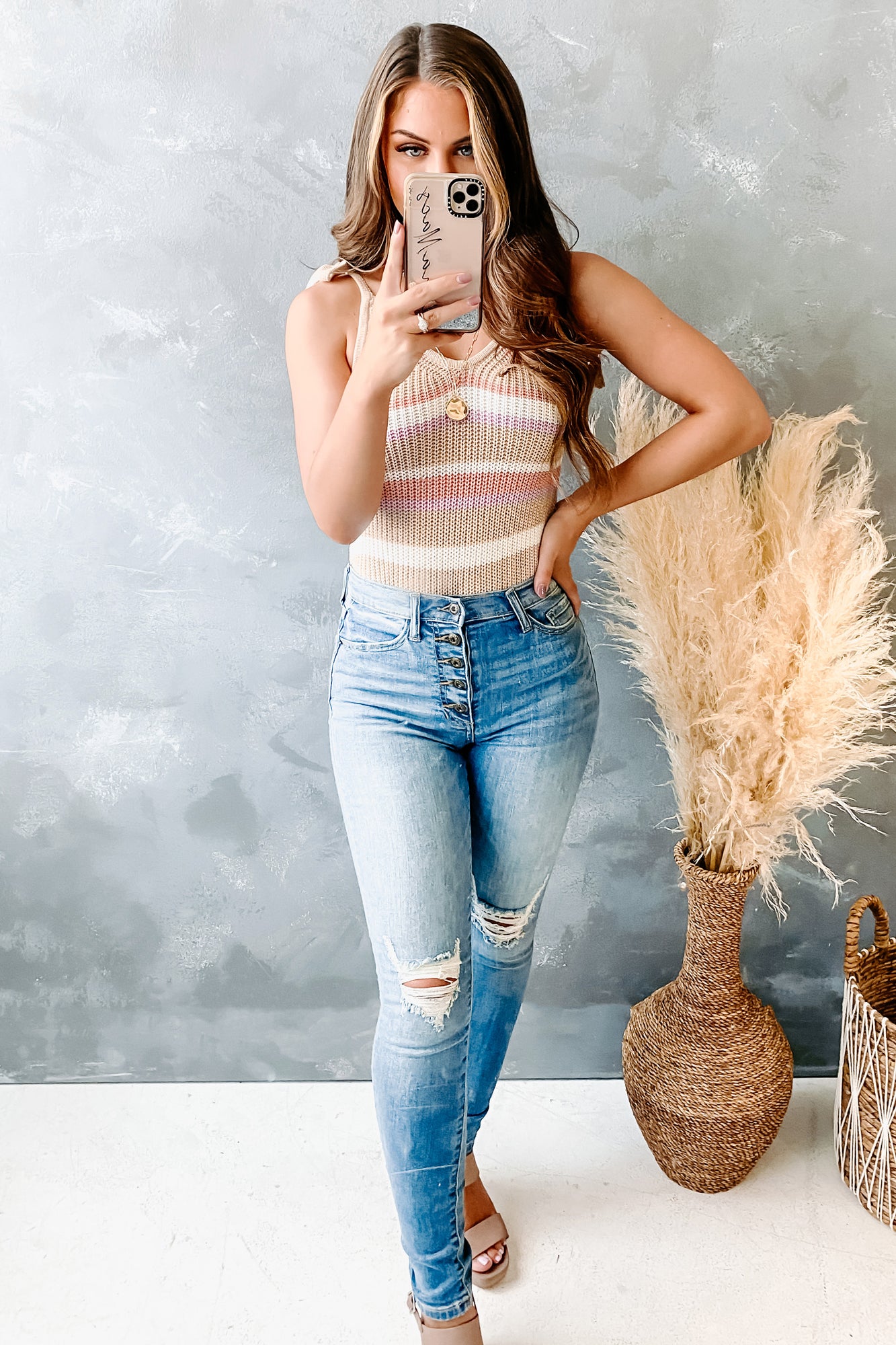 Retro Rewind Striped Knit Bodysuit (Taupe Multi) - NanaMacs