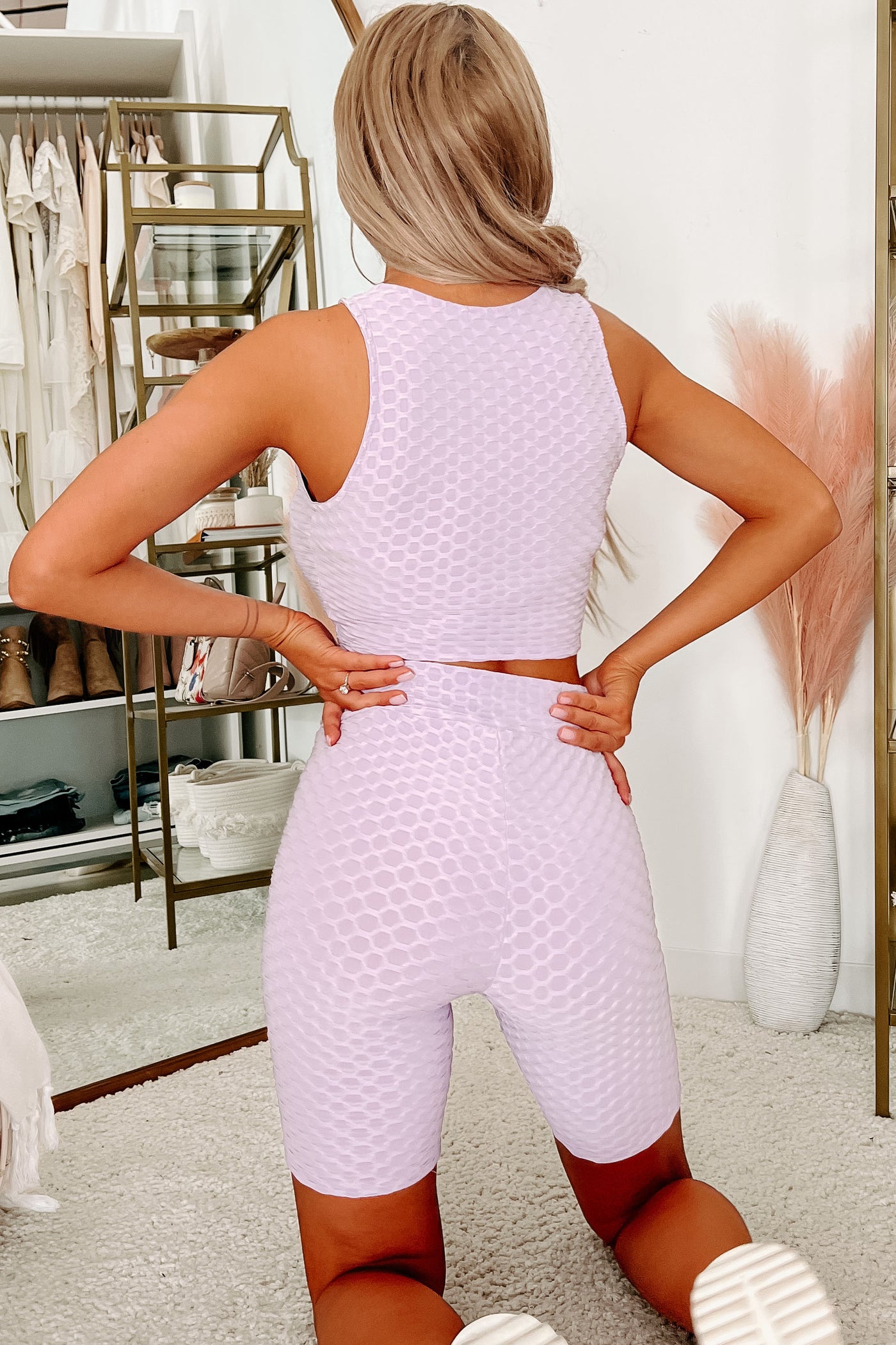 Putting In Work Honeycomb Textured Crop Top & Biker Shorts Set (Lavender) - NanaMacs