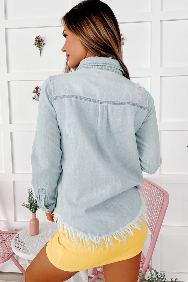 Caught Feelings Risen Frayed Hem Denim Shirt (Light) - NanaMacs