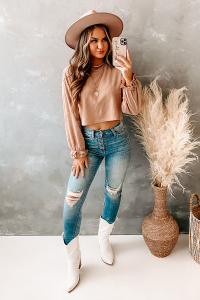 Keep Your Confidence Ruffle Cuffed Long Sleeve Top (Taupe) - NanaMacs