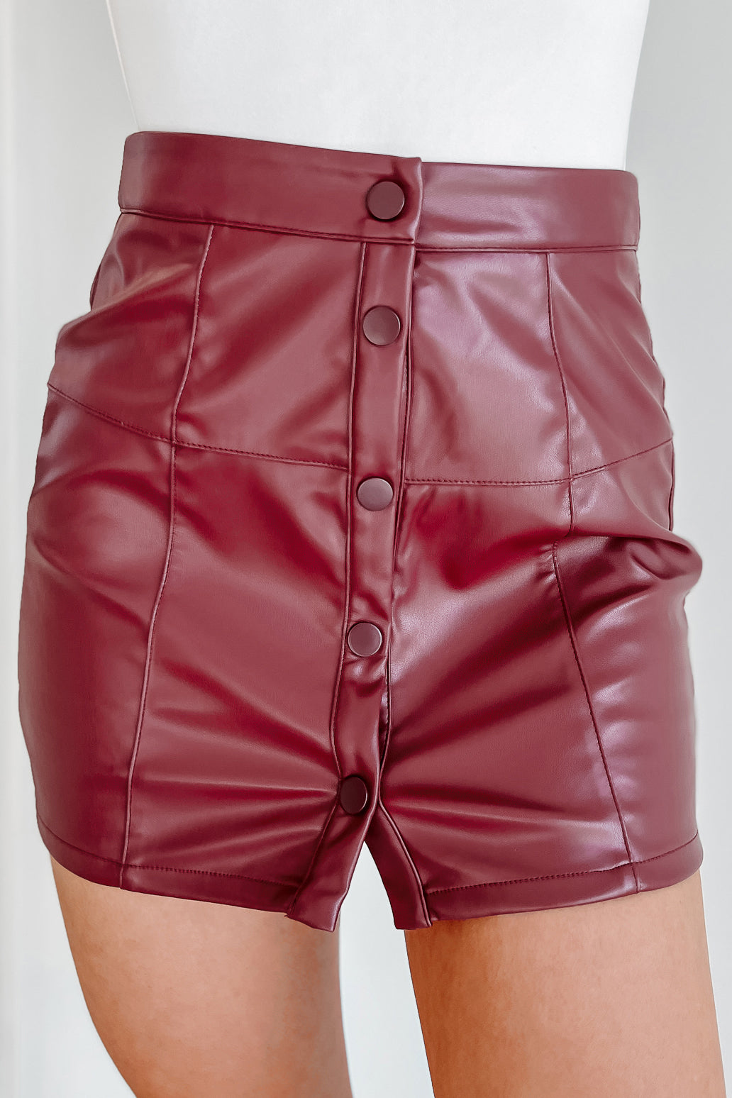 Jumpstart The Night Faux Leather Button-Front Mini Skirt (Wine) - NanaMacs