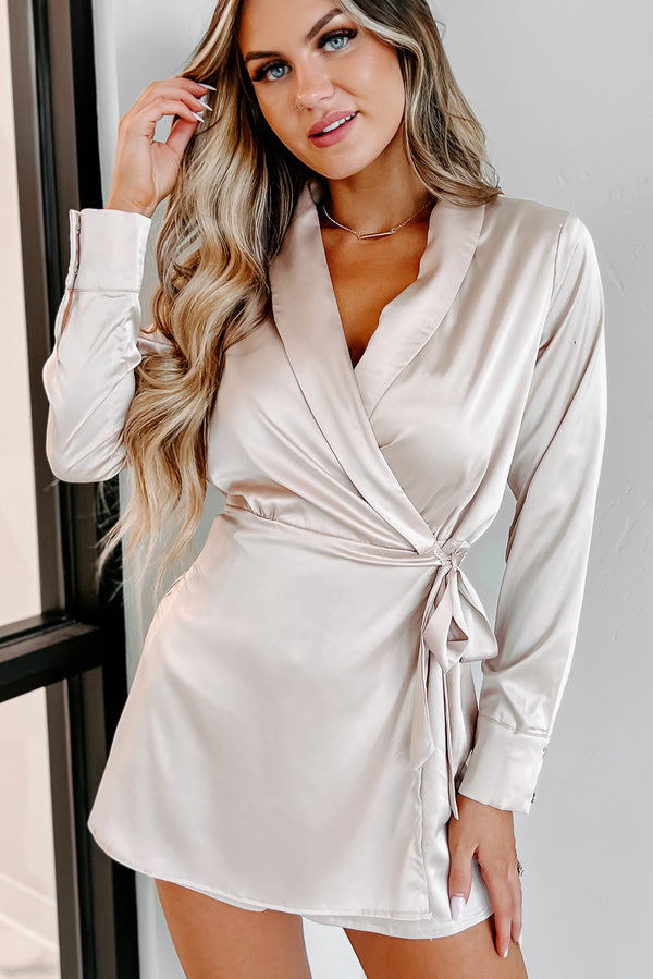 Coming To My Senses Wrap Tie Long Sleeve Romper (Champagne) - NanaMacs