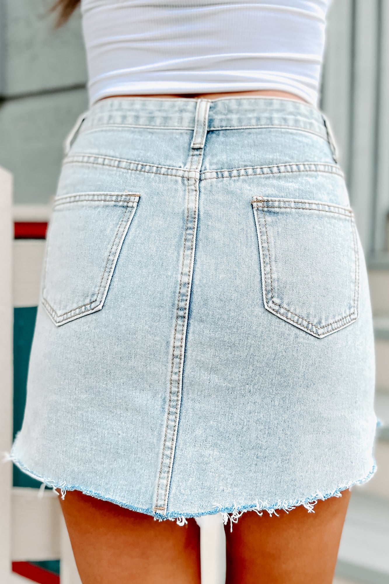 Stay Original Button Detail Curved Hem Denim Skirt (Light) - NanaMacs