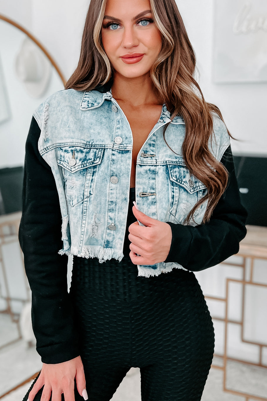 Crop Top Jean Jacket With Hood Helena Dark Wash Denim Cropped