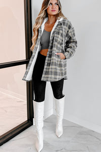 Around The Fire Sherpa Lined Hooded Plaid Jacket (Grey) - NanaMacs