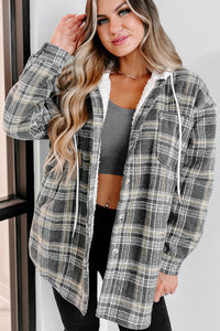 Around The Fire Sherpa Lined Hooded Plaid Jacket (Grey) - NanaMacs