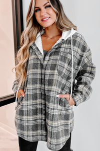 Around The Fire Sherpa Lined Hooded Plaid Jacket (Grey) - NanaMacs