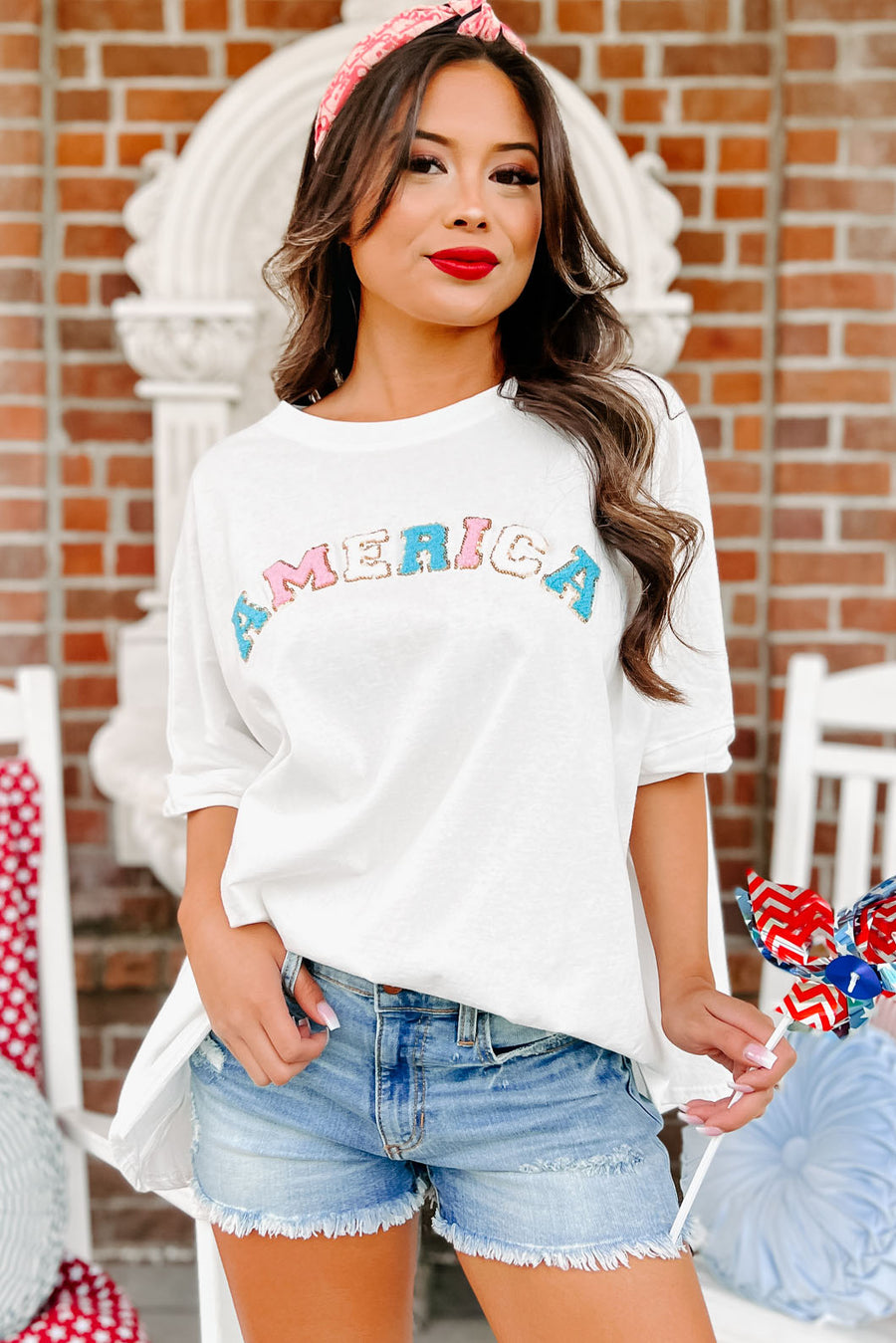 American Cutie Oversized Patch Graphic Top (White) - NanaMacs