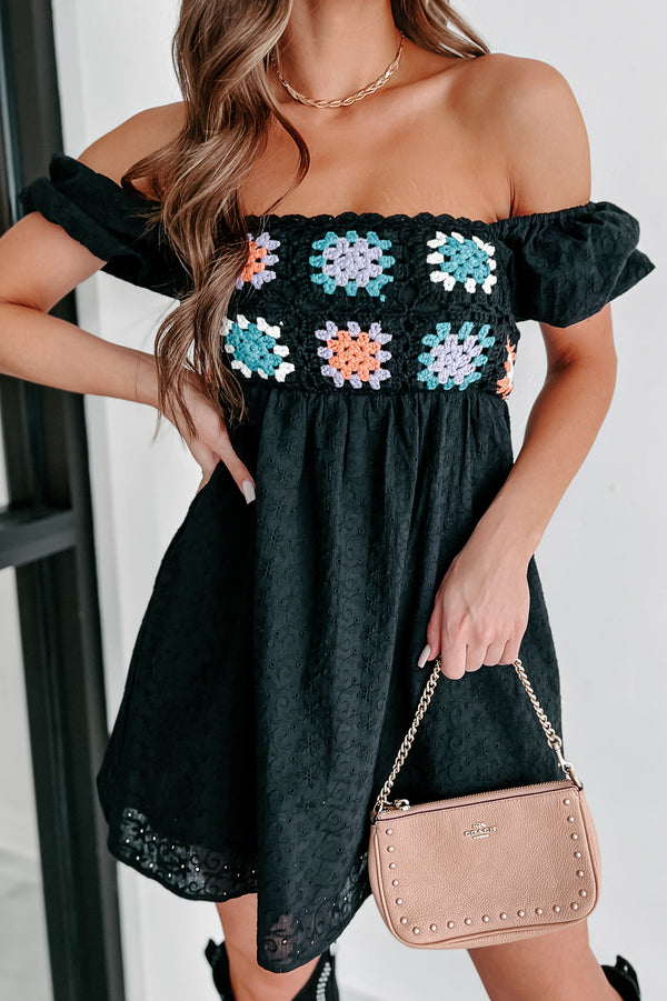 Small Town Romance Puff Sleeve Crochet Top Babydoll Dress (Black) - NanaMacs