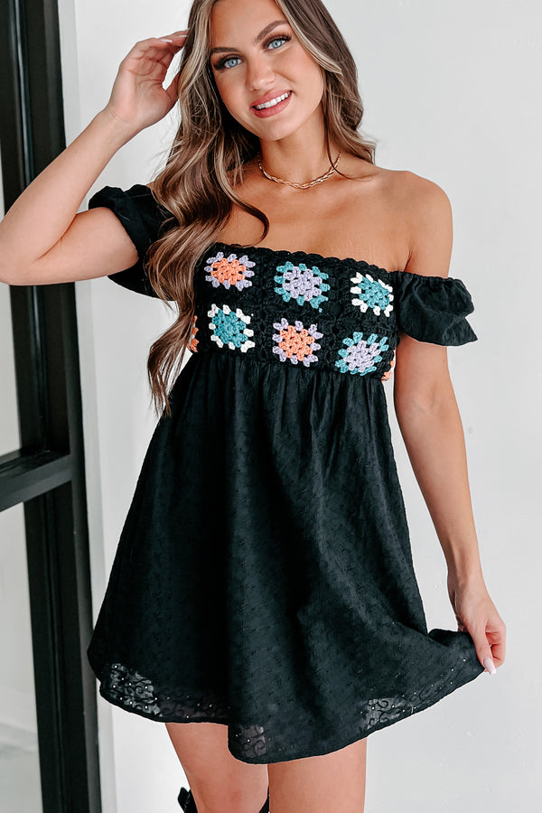 Small Town Romance Puff Sleeve Crochet Top Babydoll Dress (Black) - NanaMacs