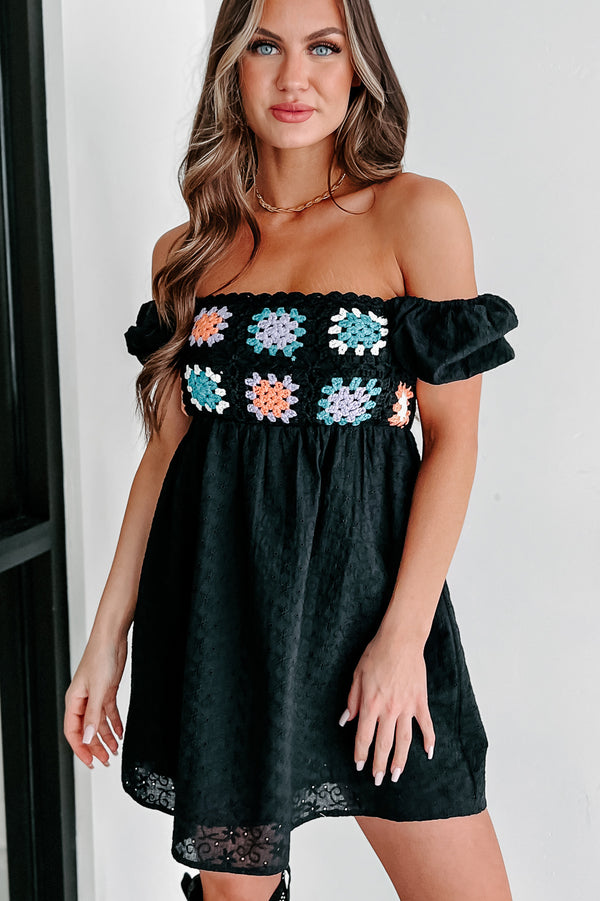 Small Town Romance Puff Sleeve Crochet Top Babydoll Dress (Black) - NanaMacs