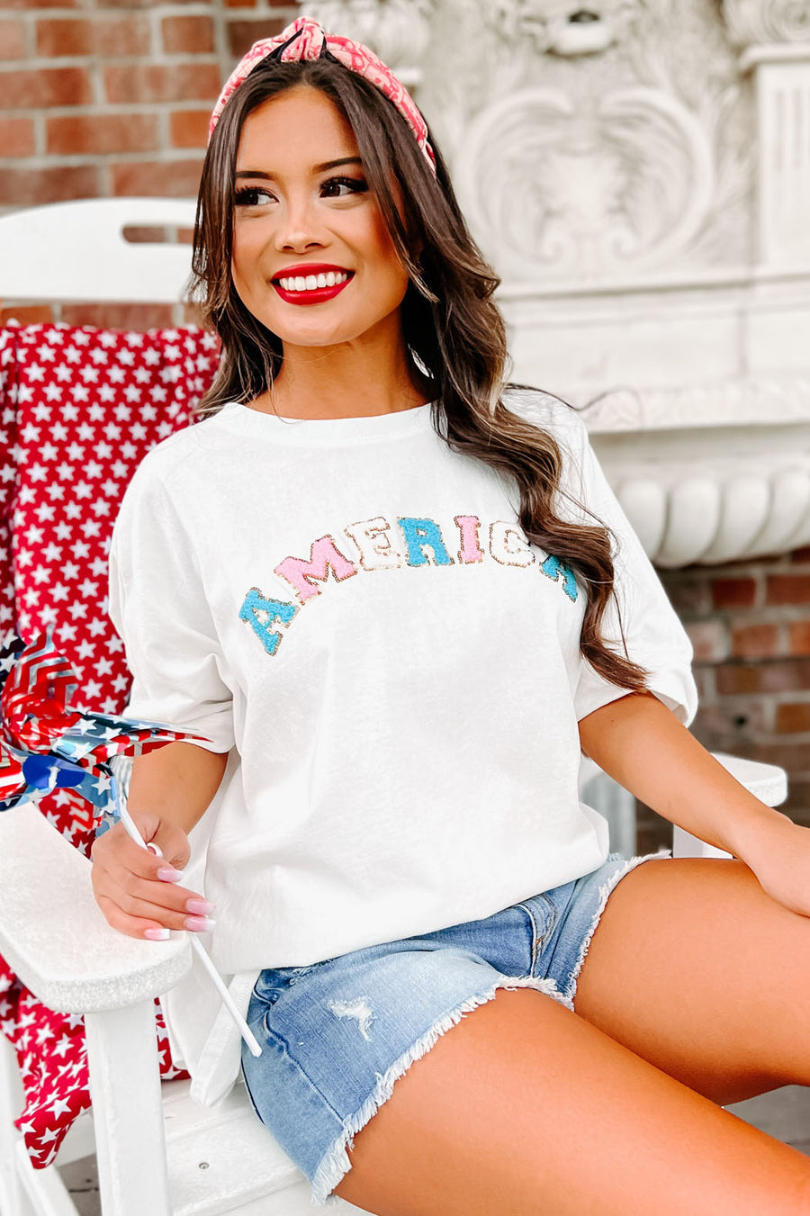 American Cutie Oversized Patch Graphic Top (White) - NanaMacs
