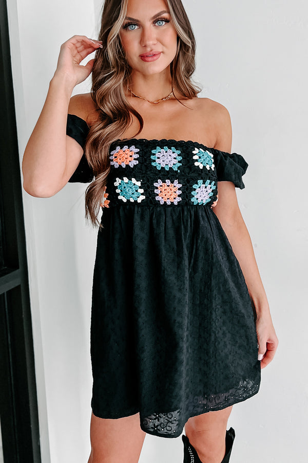 Small Town Romance Puff Sleeve Crochet Top Babydoll Dress (Black) - NanaMacs