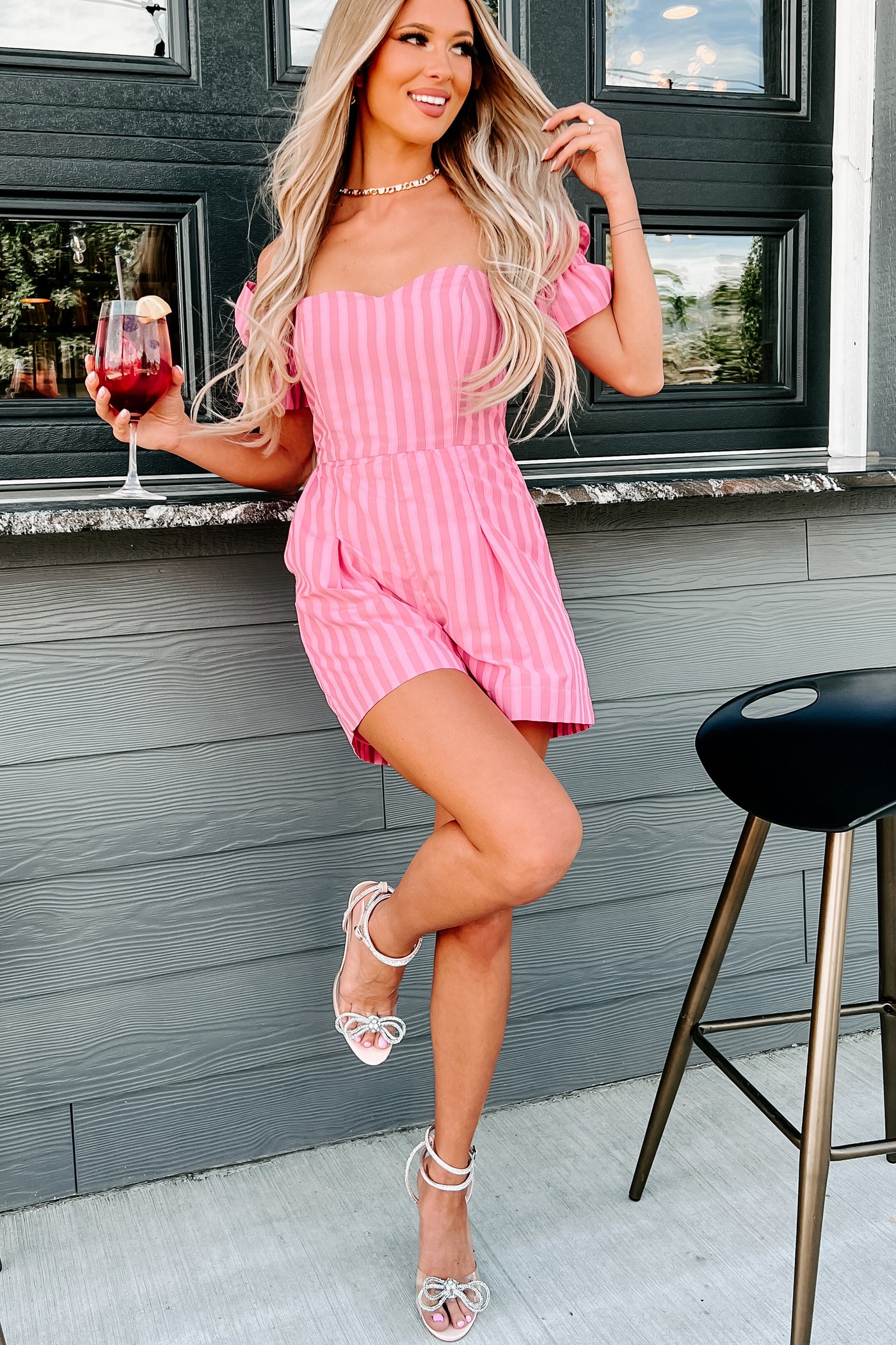 The Way To Love Off The Shoulder Striped Romper (Pink) - NanaMacs