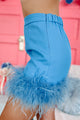 Ruffle My Feathers High Waisted Faux Feather Trim Mini Skirt (Blue) - NanaMacs