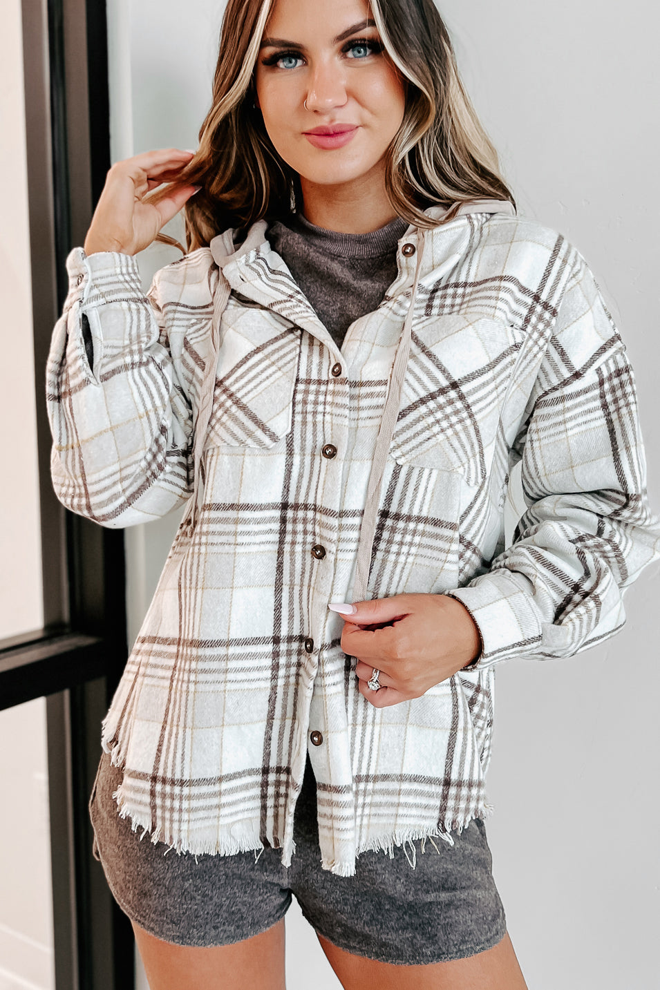 Soph Plaid Hooded Shacket (Cream) · NanaMacs - Main Image