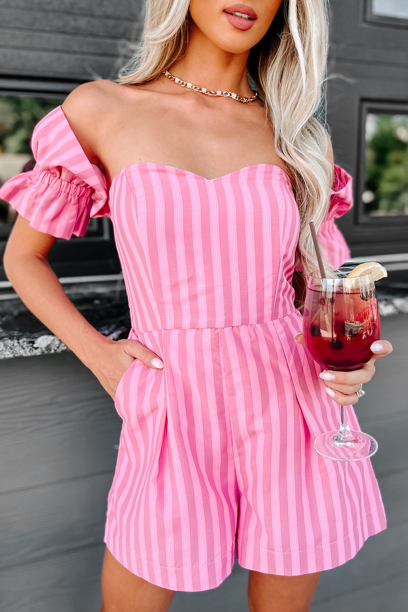 The Way To Love Off The Shoulder Striped Romper (Pink) - NanaMacs