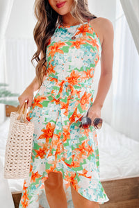 Moxie Floral Asymmetrical Hem Midi Dress (Green/Orange Multi) - NanaMacs