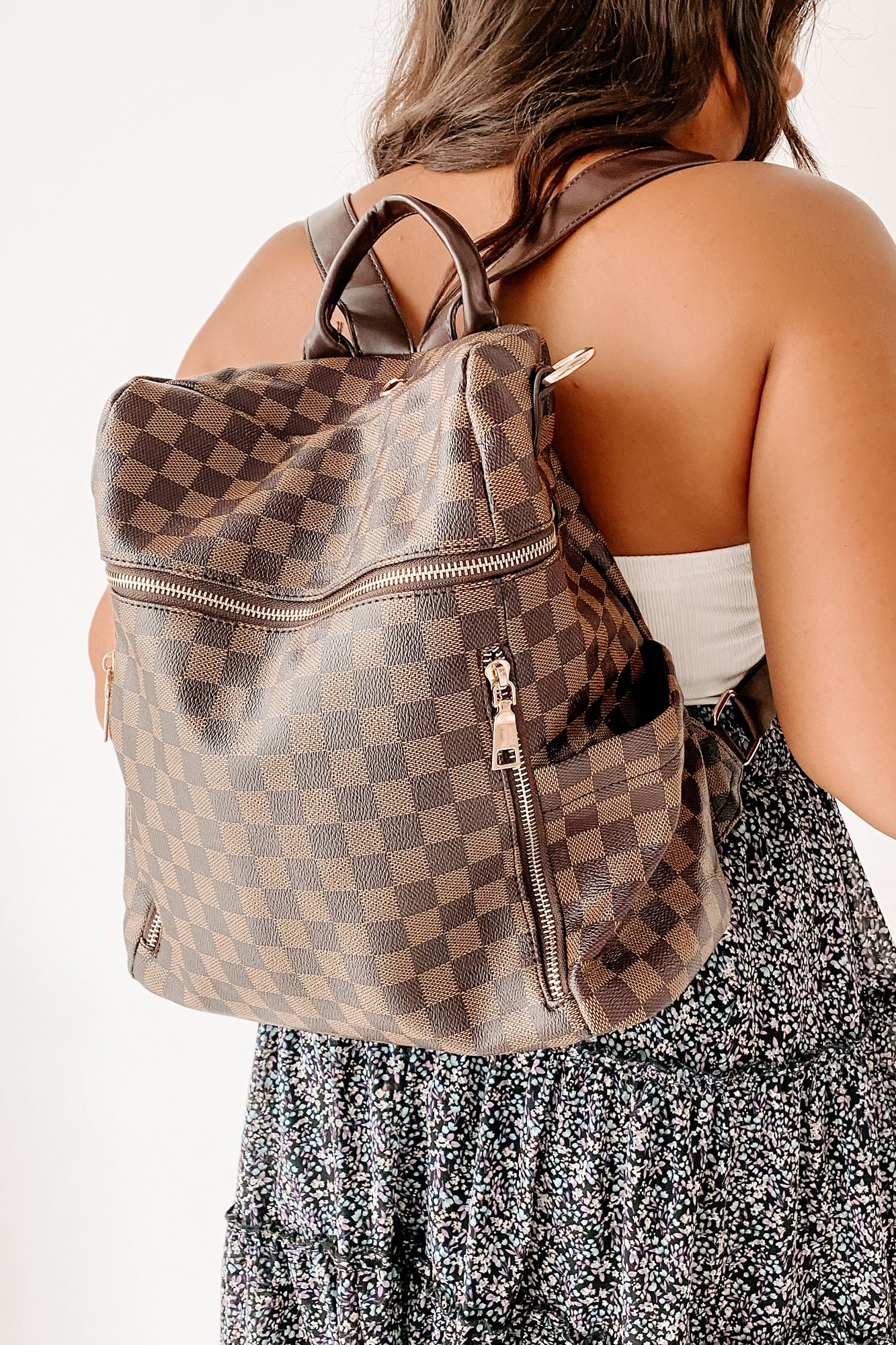 Style Effect Convertible Checkered Backpack (Brown) - NanaMacs