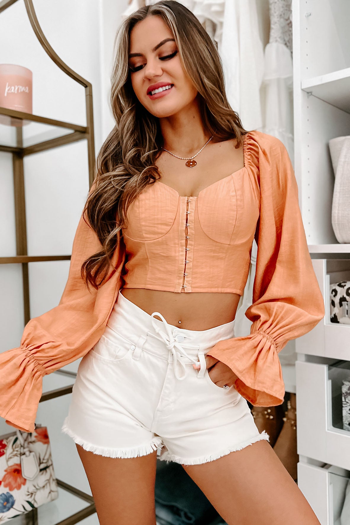Steal Your Attention Hook Front Bustier Crop Top (Peach) - NanaMacs