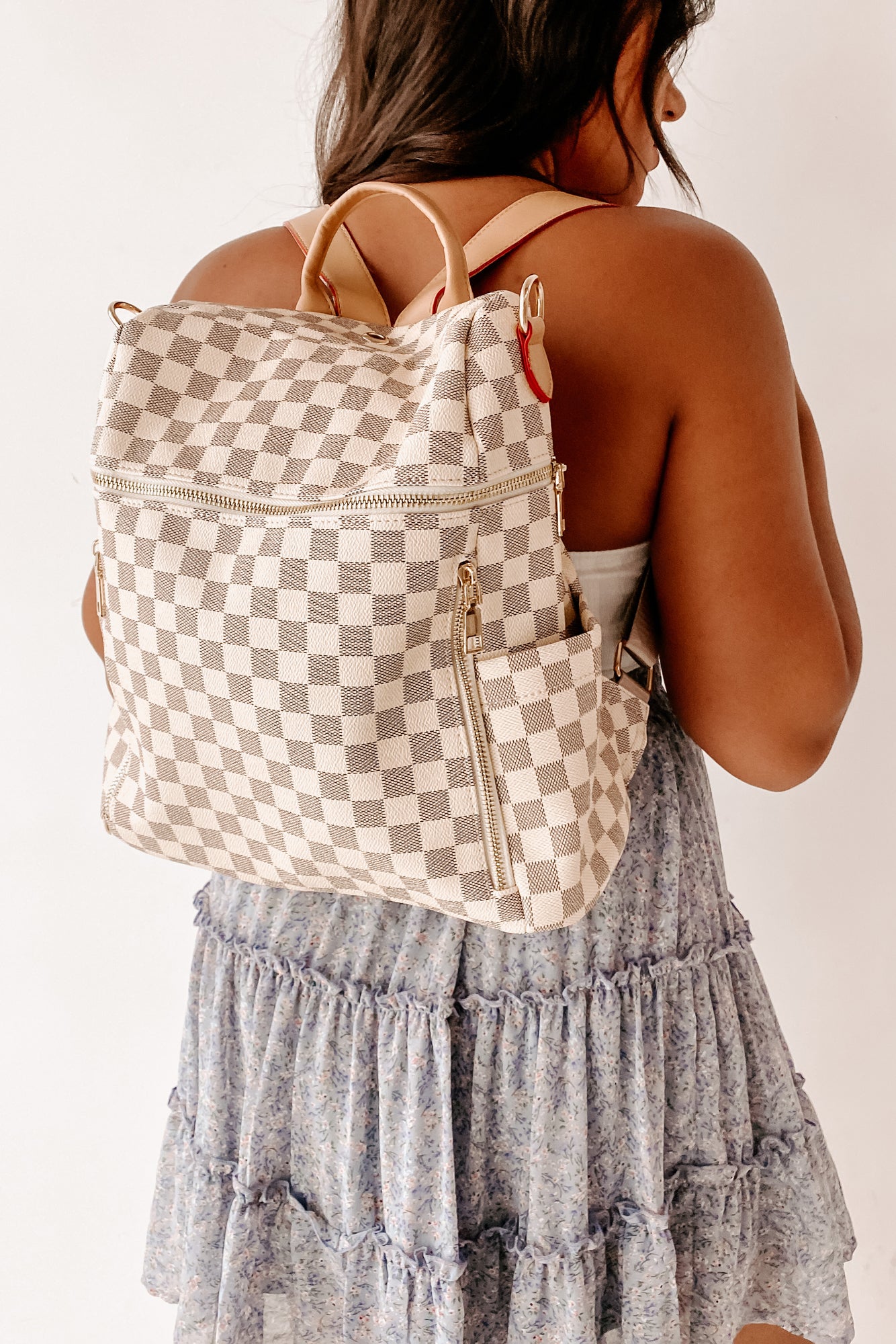 Style Effect Convertible Checkered Backpack (Cream) · NanaMacs