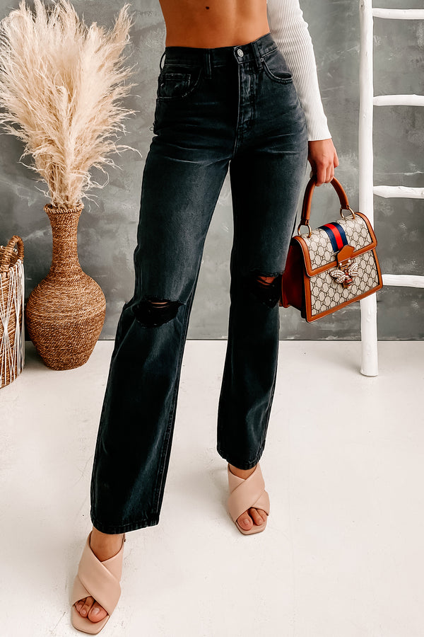 Halen 90's Button Fly Boyfriend Fit Distressed Kancan (Black) - NanaMacs