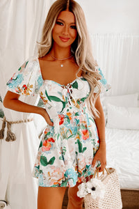 Adoring Looks Floral Printed Lace-Up Romper (White/Green Multi) - NanaMacs