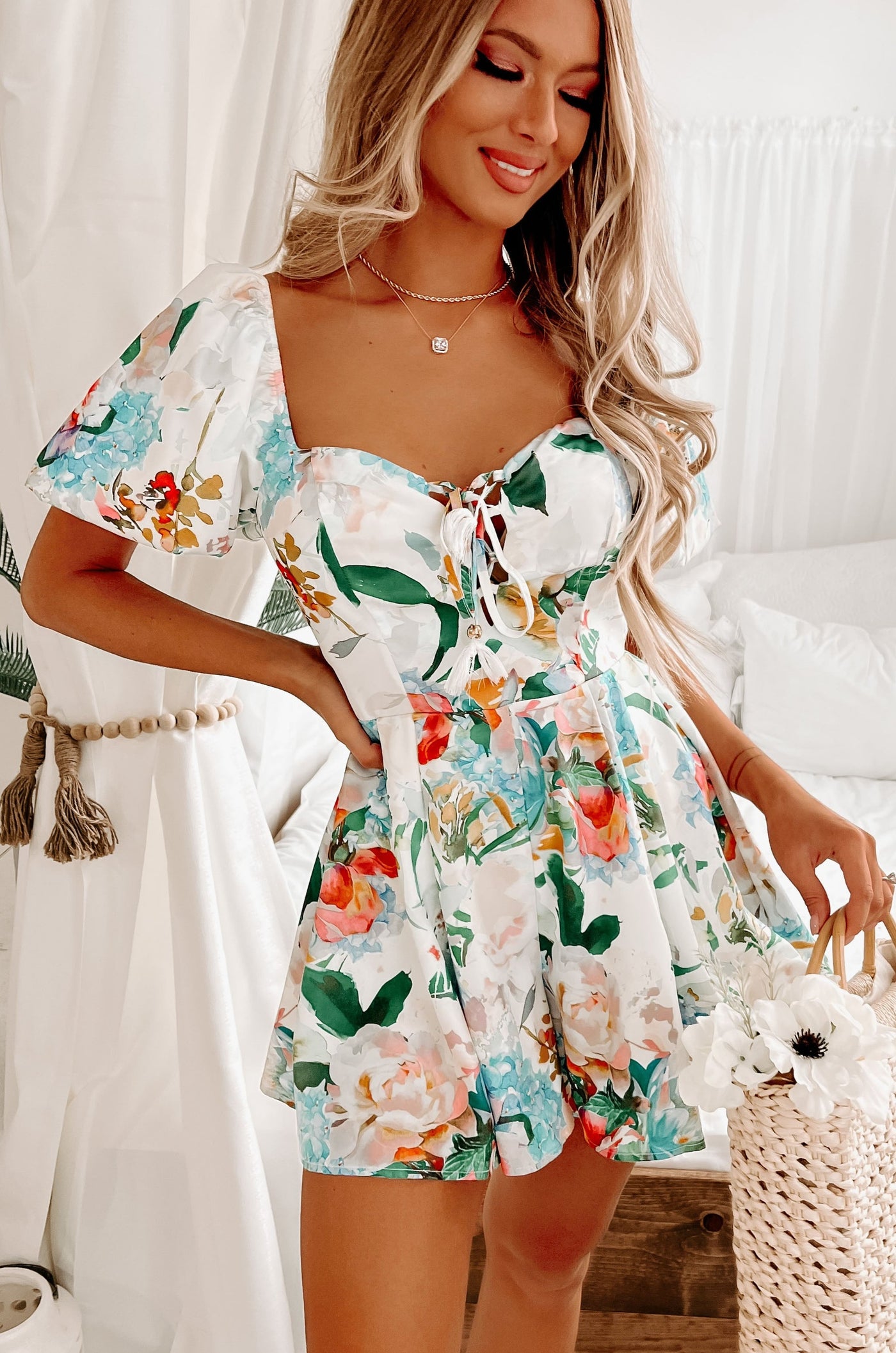 Adoring Looks Floral Printed Lace-Up Romper (White/Green Multi) - NanaMacs