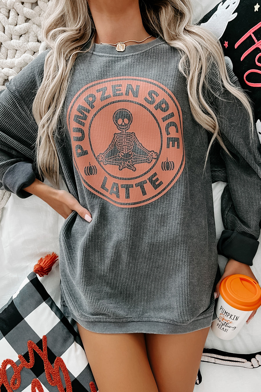 "Pumpzen Spice Latte" Corded Graphic Crewneck (Charcoal) - Print On Demand - NanaMacs