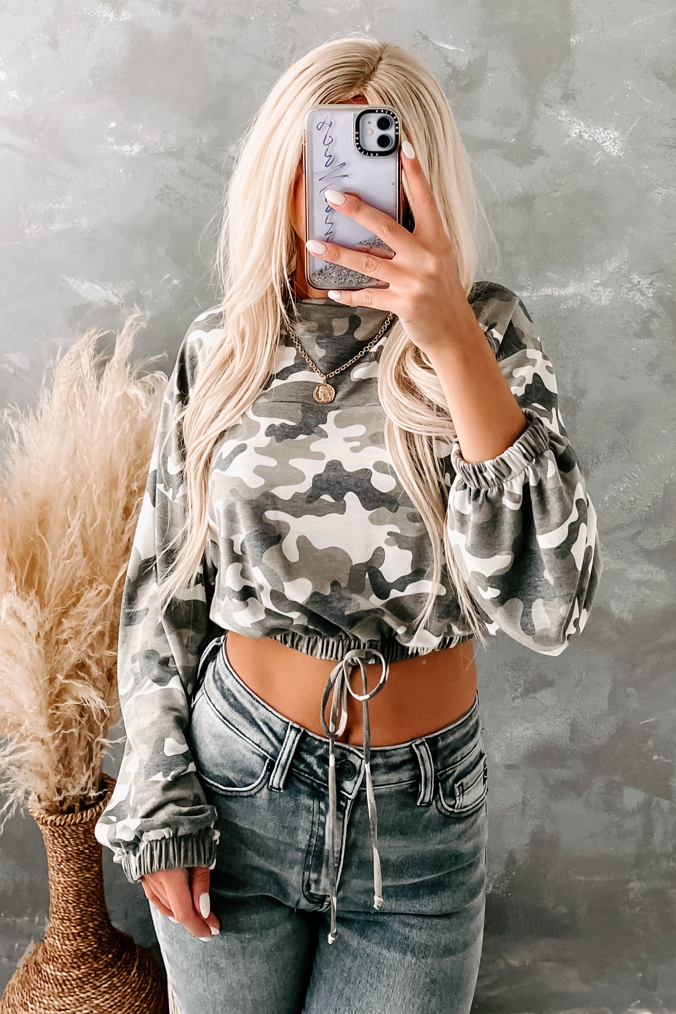 Speedy Cropped Drawstring-Waist Hoodie (Olive/Black Camo) - NanaMacs