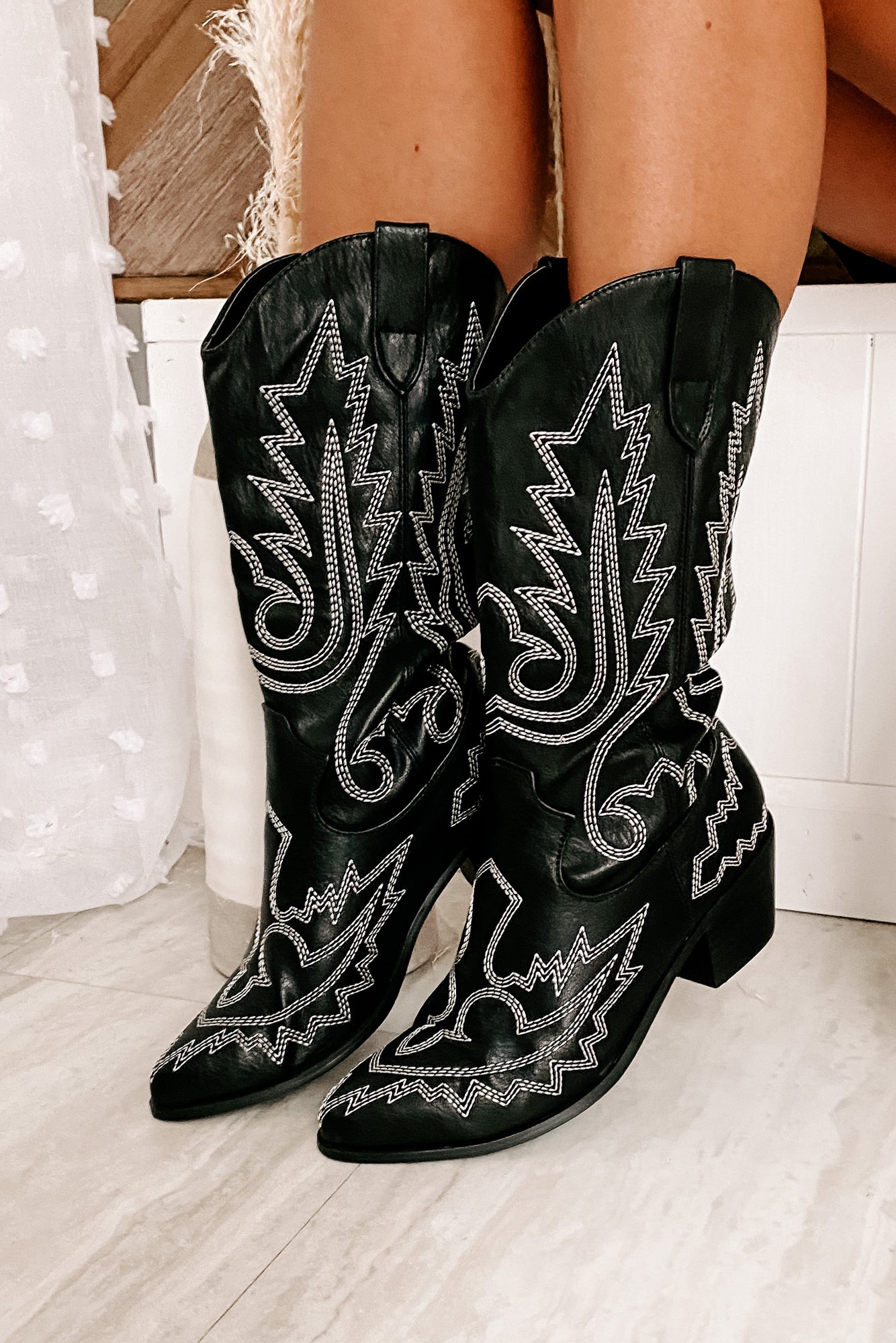 Raised Right Contrast Stitched Cowboy Boots (Black/White) - NanaMacs