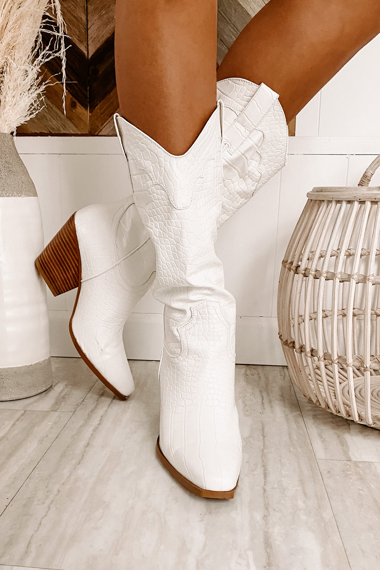 Fierce Step Faux Croc Boots (White Croc) - NanaMacs